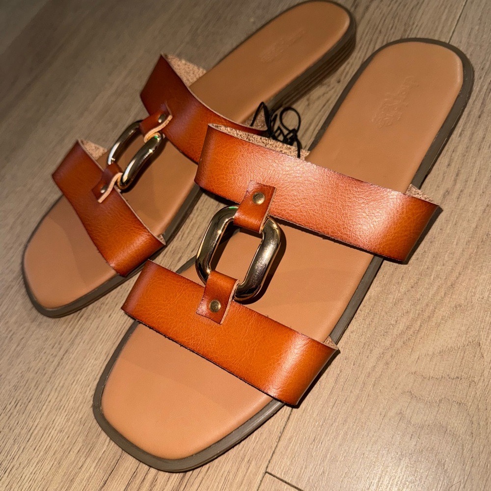 Charlotte Russe Tan Sandals with Gold Buckle